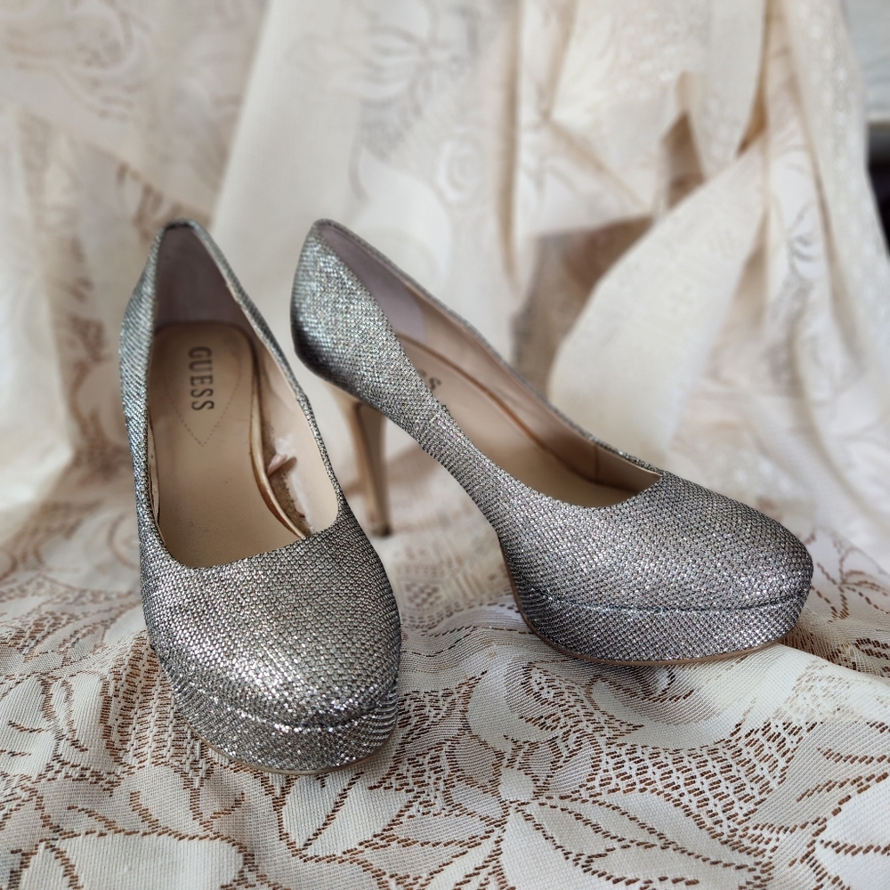 Guess silver and gold glitter stiletto heels, size 8.5.